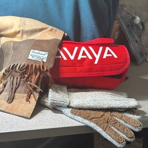 Men’s Thinsulate gloves, Cashmink brown scarf, and Travel Blanket